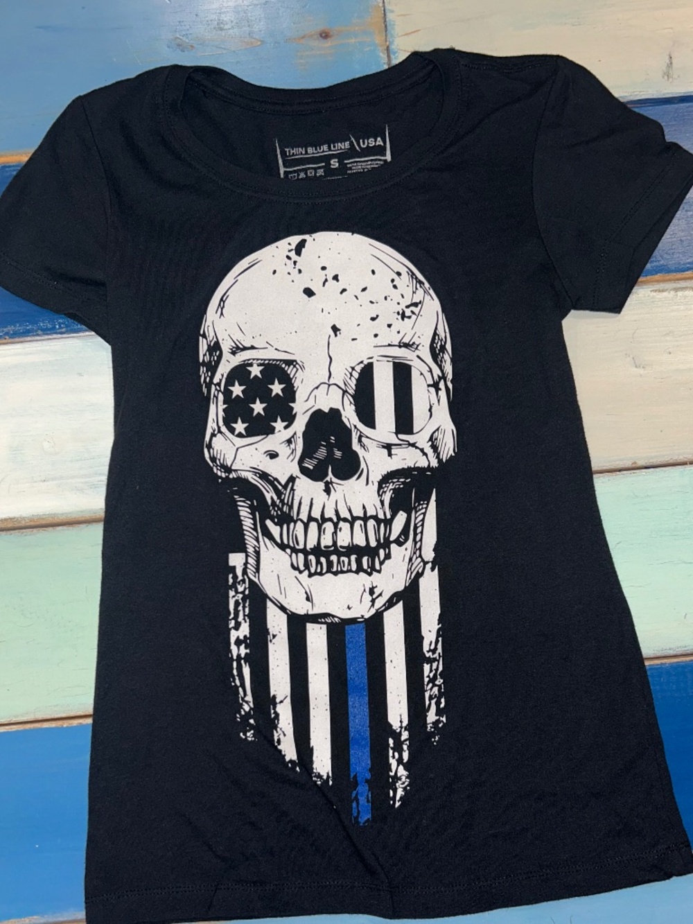 Thin Blue Line USA Skull Flag Graphic T-Shirt Women's Small Black